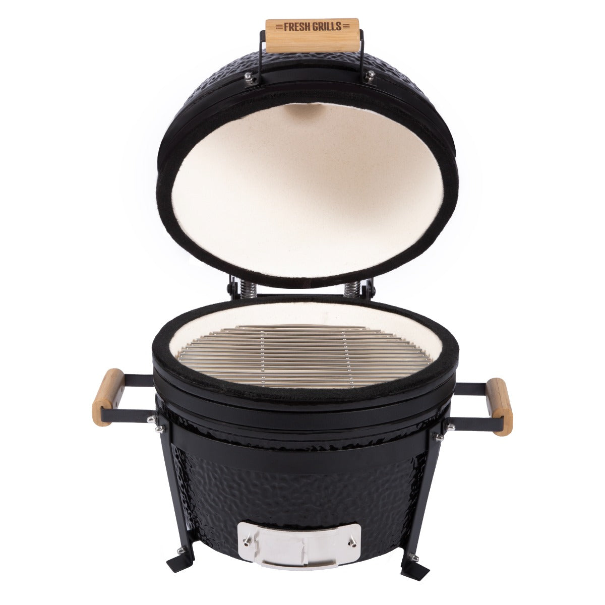 Black ceramic 16” Kamado BBQ oven with a textured finish, wooden handles, and a spacious grilling grate inside