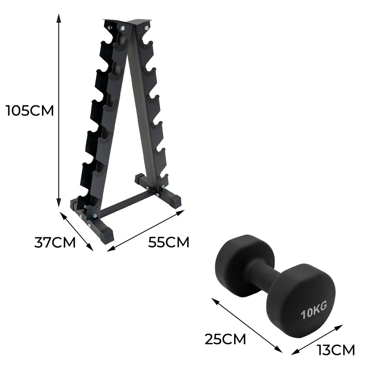 Neoprene dumbbells set with a sturdy black rack, featuring six slots for organized storage, ideal for home workouts