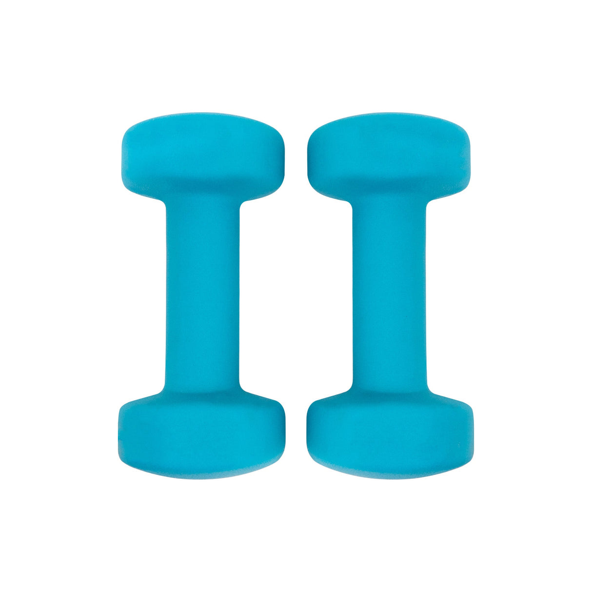 Bright turquoise neoprene dumbbells with a smooth texture, designed for comfortable grip and effective workouts, ideal for home fitness