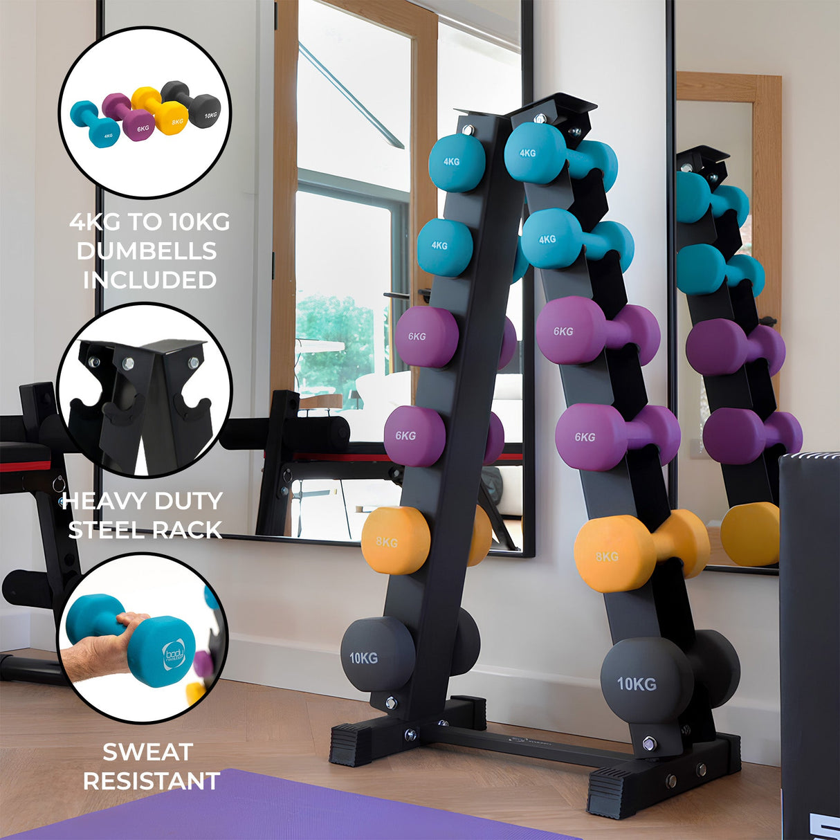 Colorful neoprene dumbbells ranging from 4kg to 10kg on a sturdy black steel rack, sweat-resistant for effective workouts
