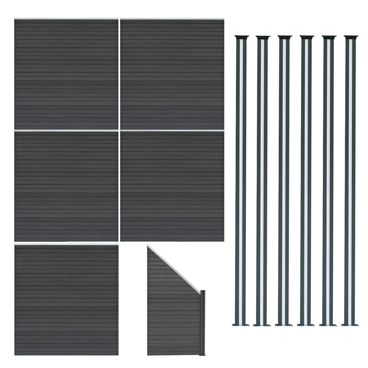 Grey composite fence panels arranged with an angled piece and six sleek LED posts, showcasing a modern, textured design