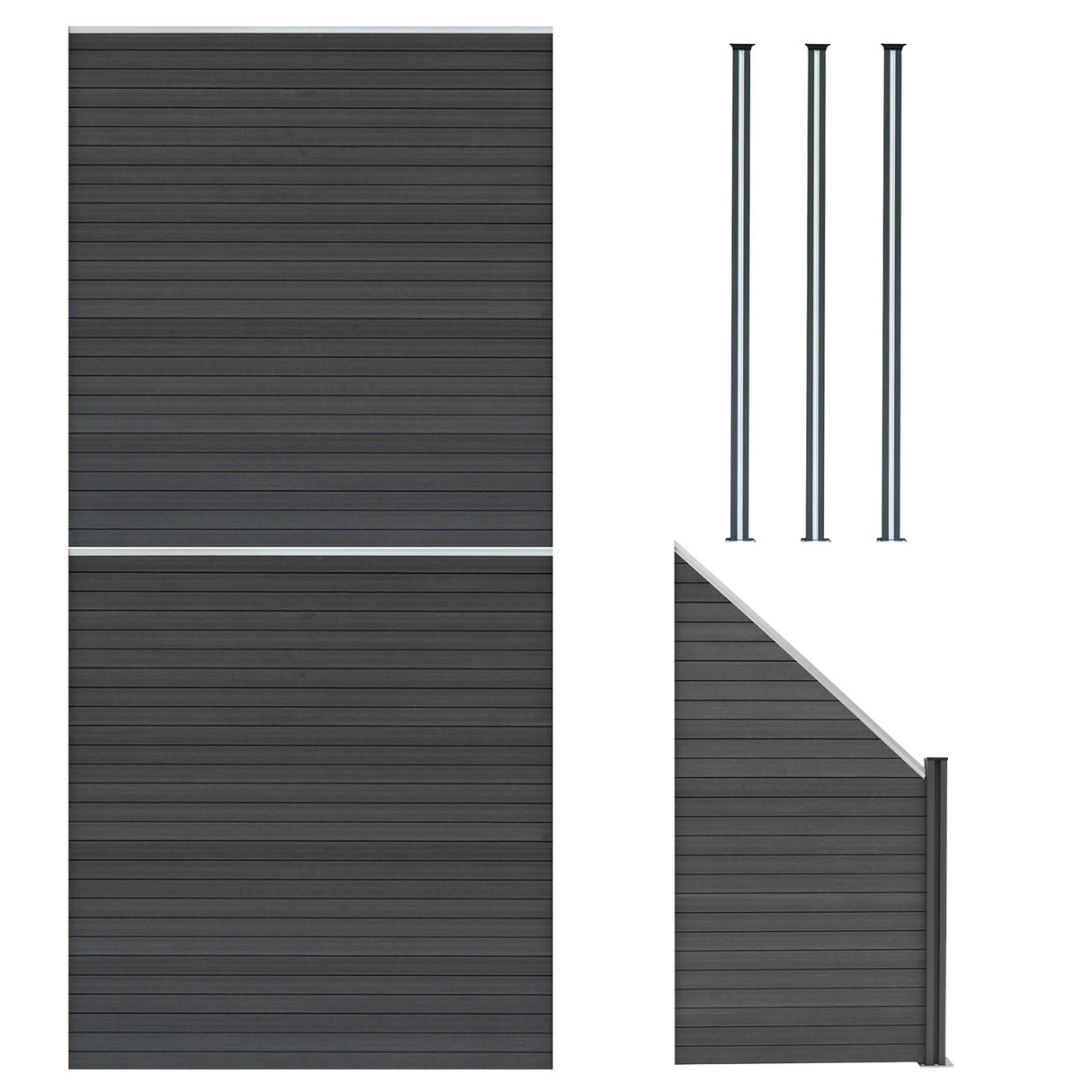 Grey composite fence panels with angled piece and three sleek LED posts, showcasing a modern, textured design for outdoor spaces
