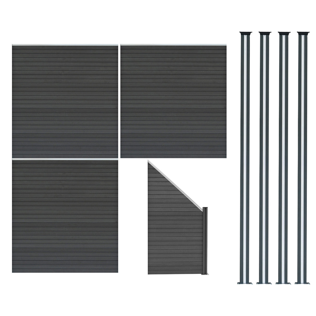 Grey composite fence panels arranged with an angled piece and four sleek LED posts, showcasing a modern, textured design