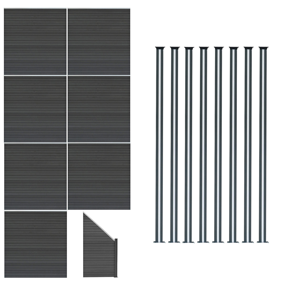 Grey composite fence panels arranged in a grid with an angled piece and eight sleek LED posts, showcasing a modern design and texture