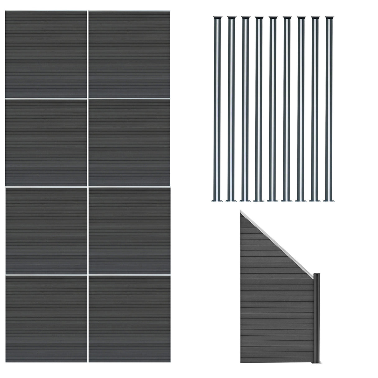 Grey composite fence panels with eight flat sections, an angled piece, and nine sleek LED posts, showcasing a modern design