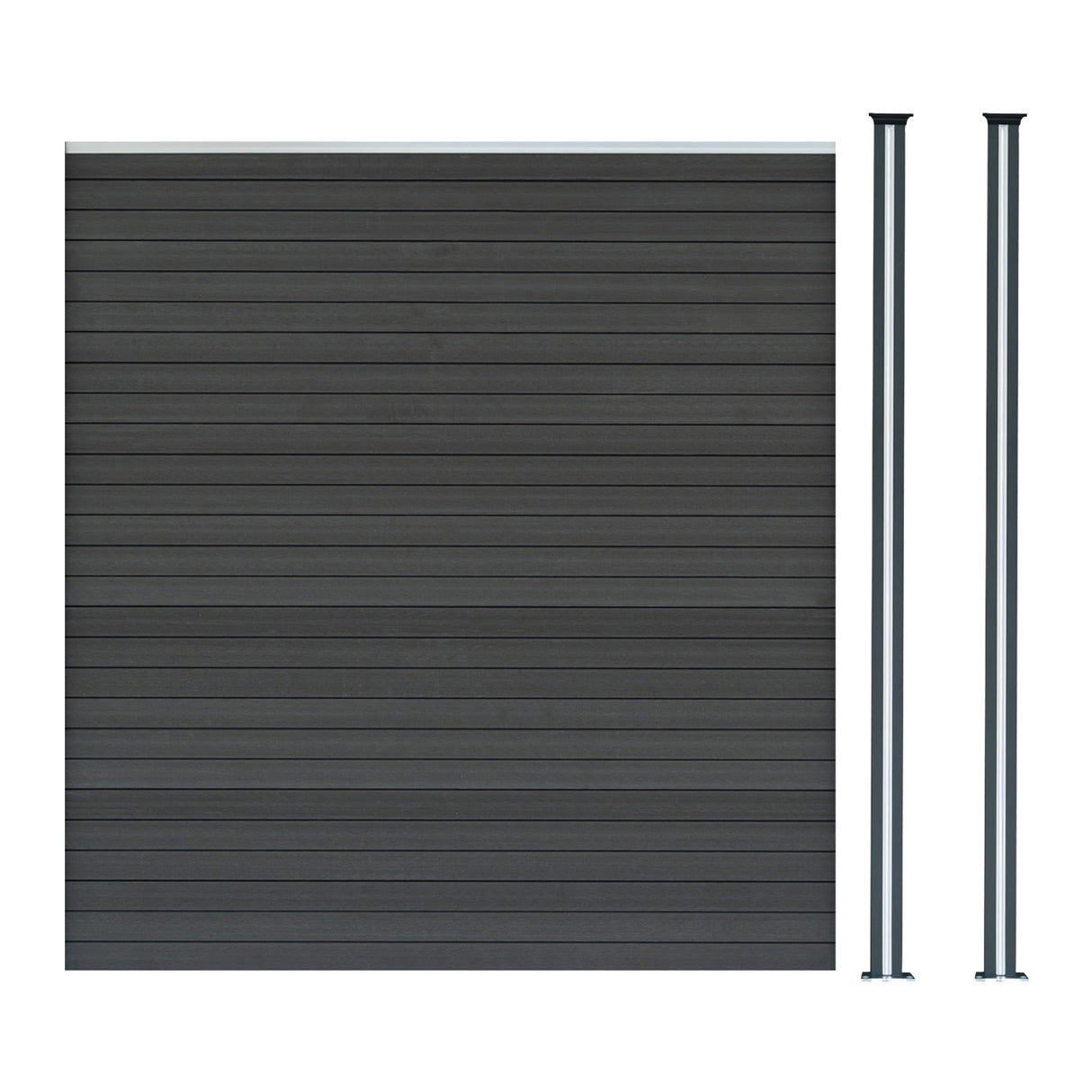 Grey composite fence panel with horizontal slats and two matching LED posts, featuring a sleek, modern design and durable texture