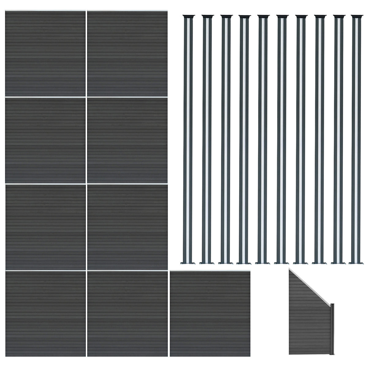 Nine grey composite fence panels, one angled piece, and ten sleek LED posts, showcasing a modern, textured design