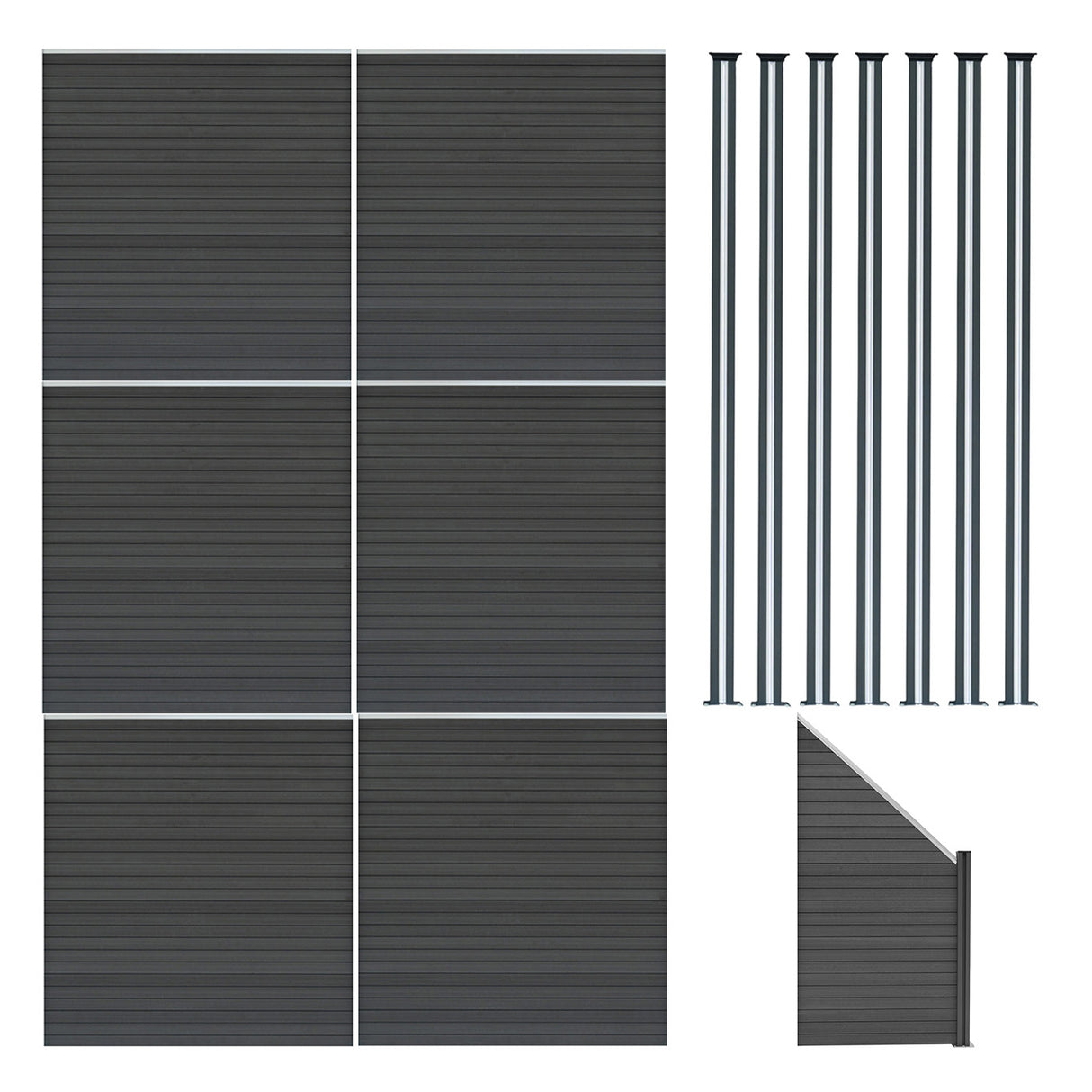 Grey composite fence panels, angled piece, and seven LED posts, showcasing a sleek, modern design with textured surfaces