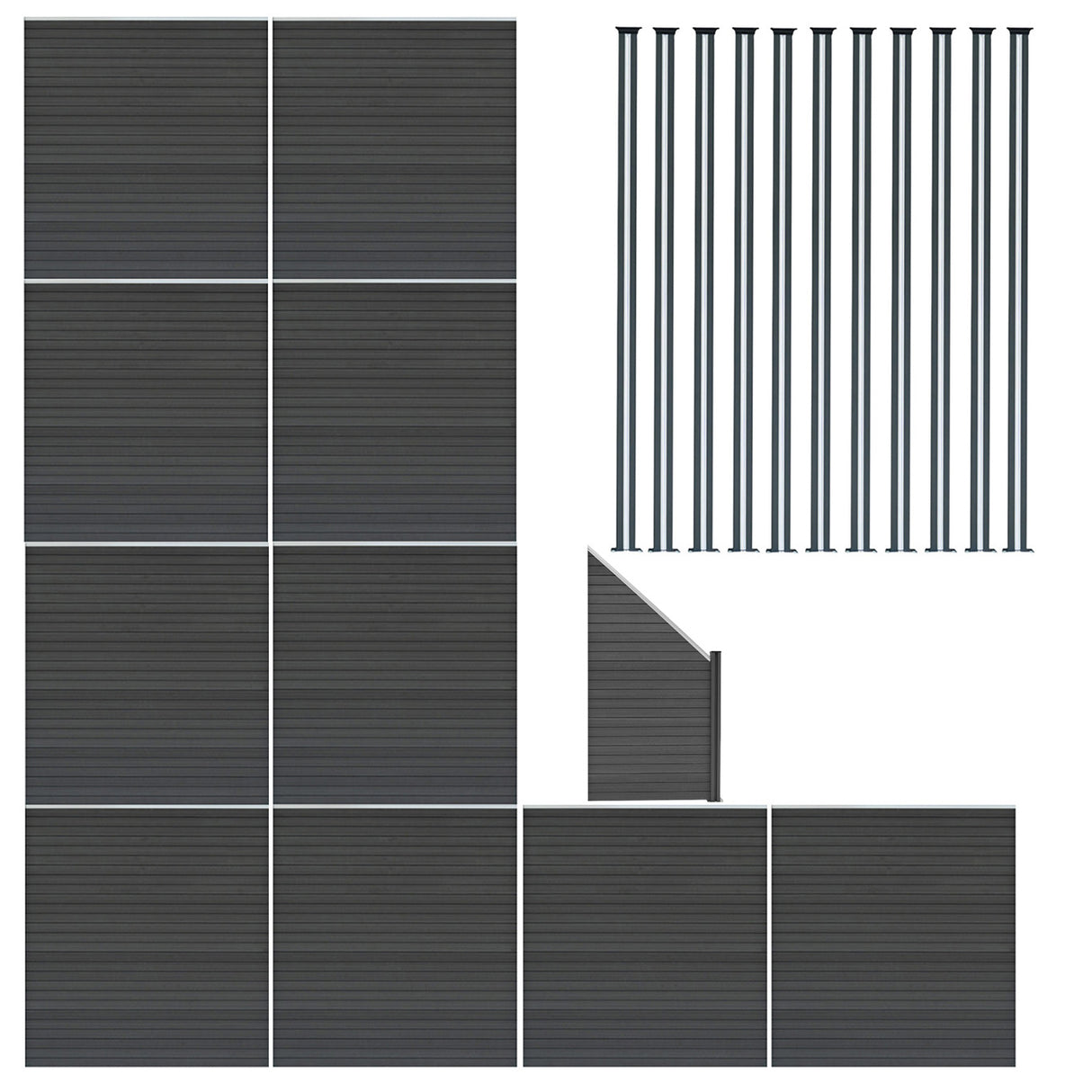 Grey composite fence panels arranged in a grid with angled piece and eleven sleek LED posts, showcasing a modern design and texture