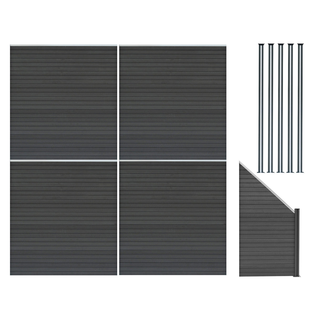 Grey composite fence panels arranged in a grid with an angled piece and five sleek LED posts, showcasing a modern design and durable texture