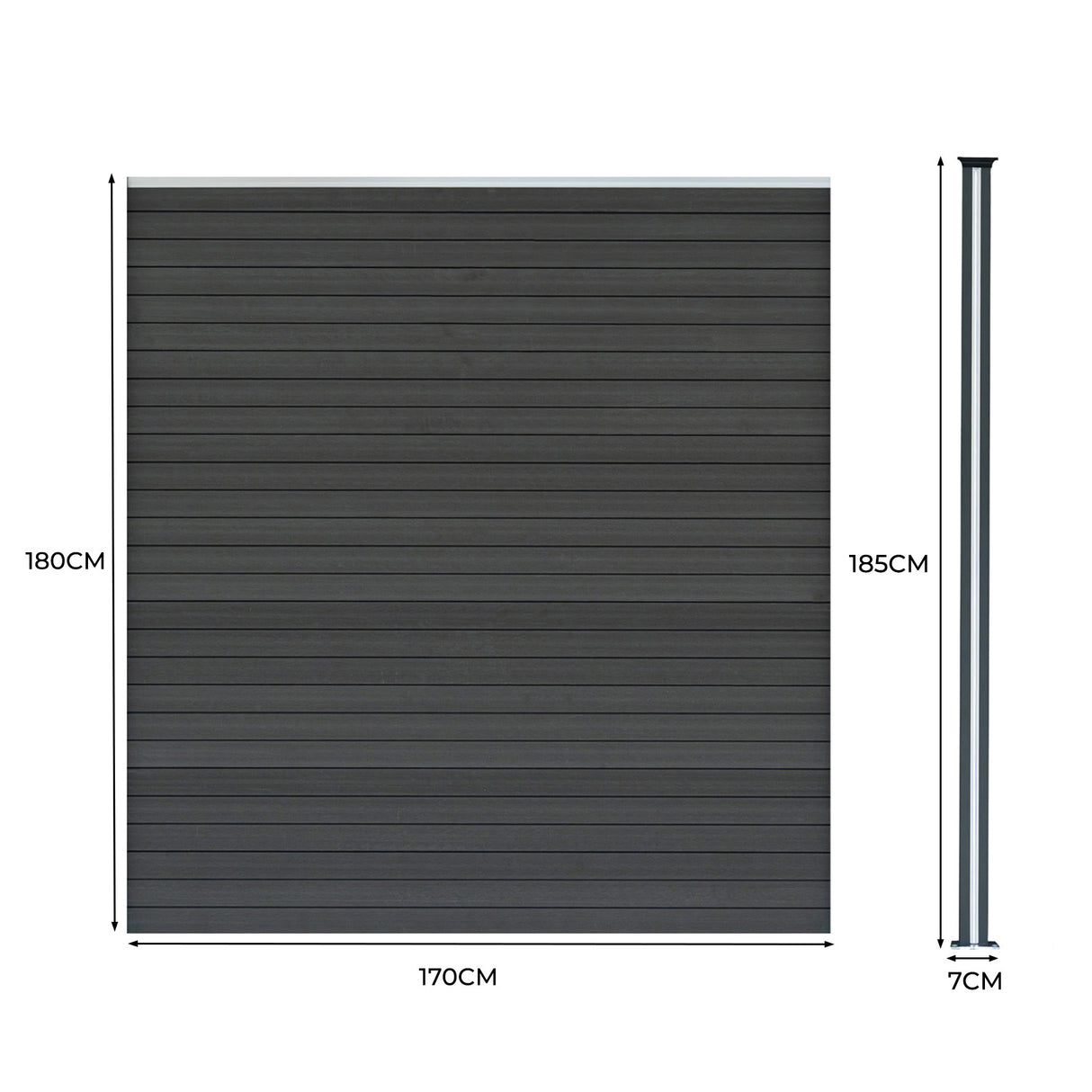 Grey composite fence panels with angled piece and LED posts, showcasing a sleek, modern design and durable texture