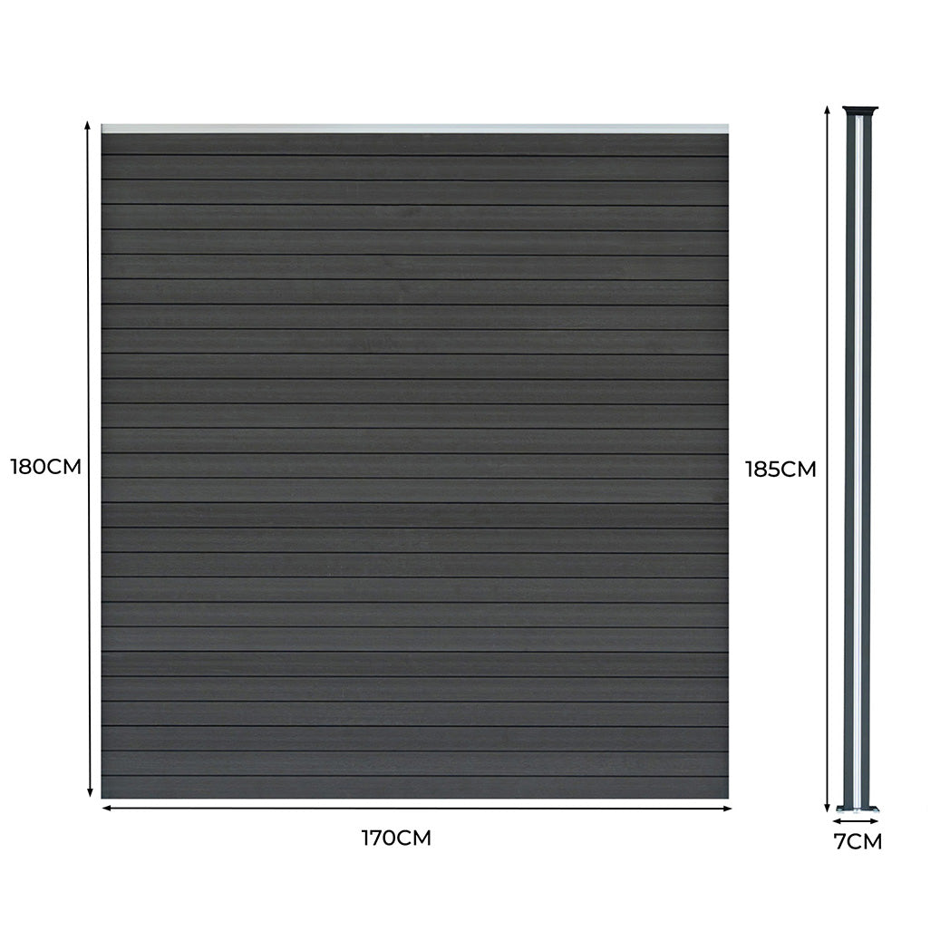 Grey composite fence panel with horizontal slats, accompanied by two sleek LED posts, showcasing modern design and durability