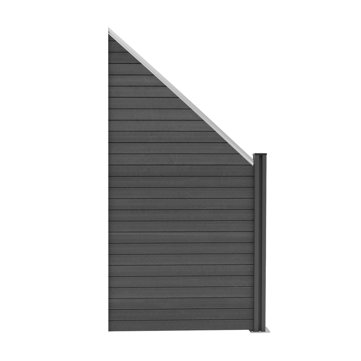 Grey composite fence panel with angled top, featuring smooth texture and sleek LED post for modern outdoor aesthetics