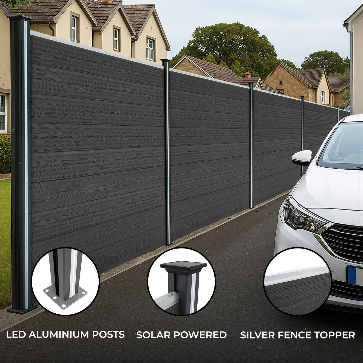 Grey composite fence panels with angled pieces and LED aluminum posts, featuring a sleek, modern design and solar-powered functionality
