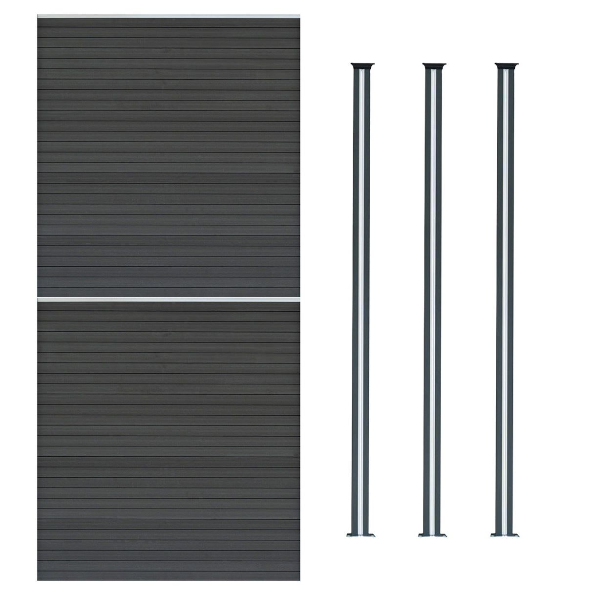 Grey composite fence panels with horizontal slats, paired with three sleek LED posts for modern outdoor aesthetics