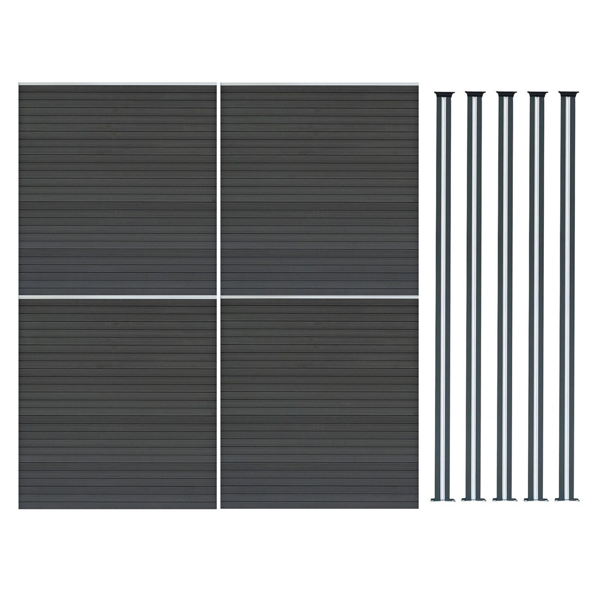 Grey composite fence panels arranged in a grid with five sleek LED posts, showcasing a modern, textured finish and durable design