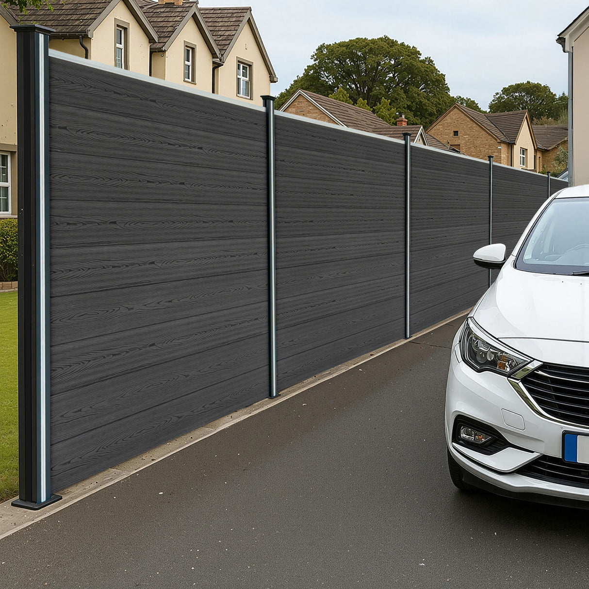 Grey composite fence panels with sleek LED posts, featuring a modern design and smooth texture, enhancing outdoor aesthetics