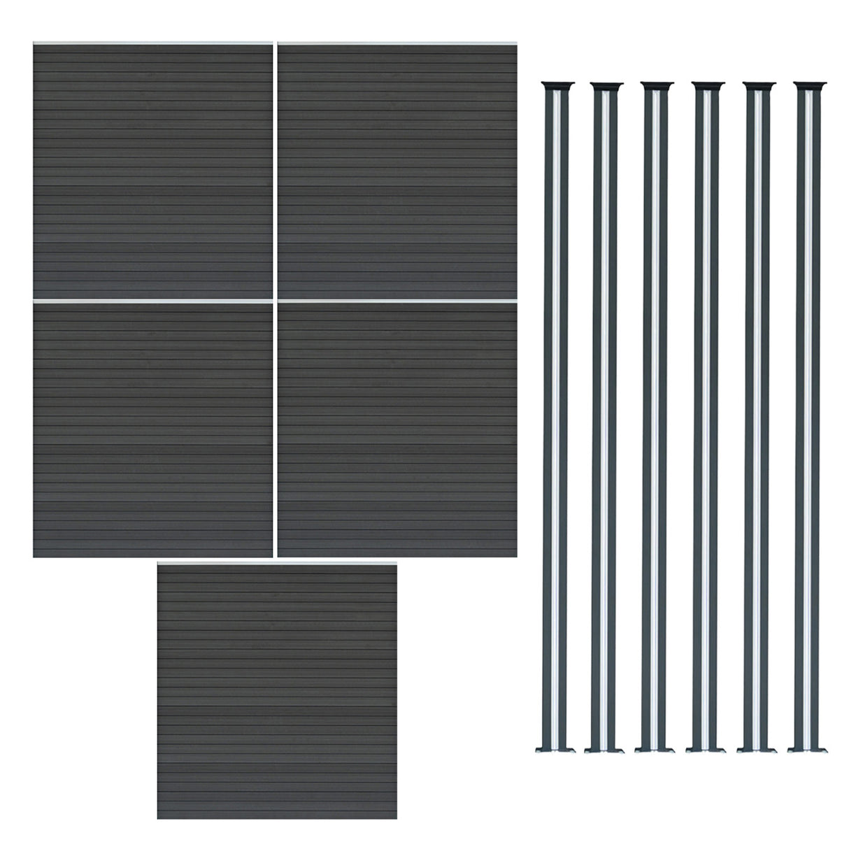 Grey composite fence panels and six sleek LED posts, showcasing a modern design with a textured finish for durability