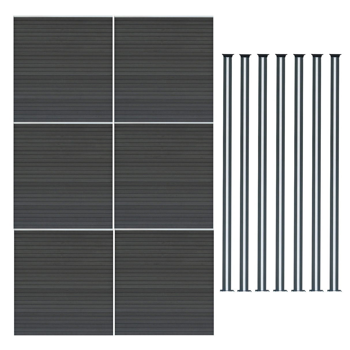 Grey composite fence panels arranged in a grid with seven matching LED posts, showcasing a sleek, modern design and textured surface