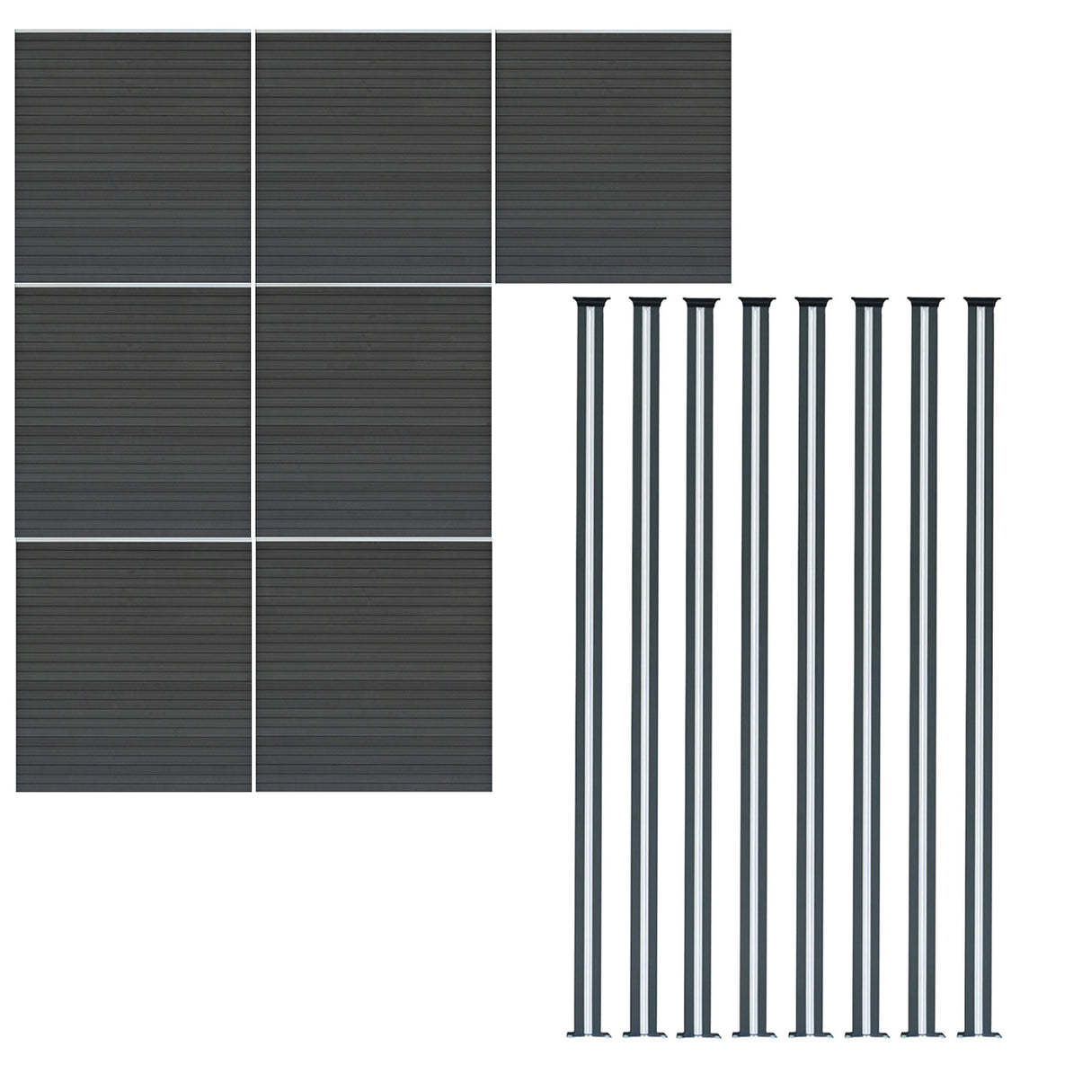 Grey composite fence panels with a textured finish, accompanied by eight sleek LED posts for modern outdoor fencing solutions