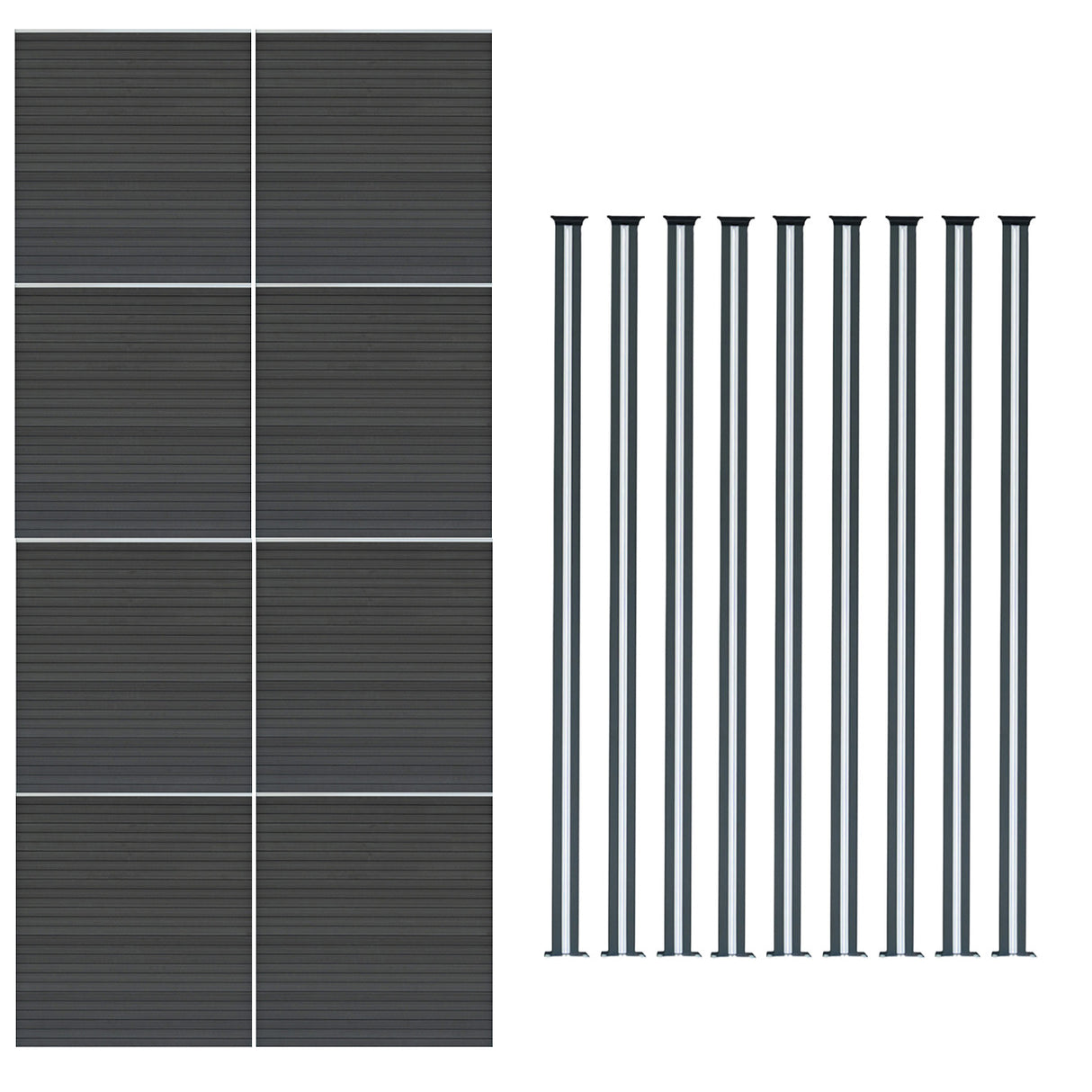 Grey composite fence panels arranged in a grid with nine matching LED posts, showcasing a sleek, modern design and textured finish
