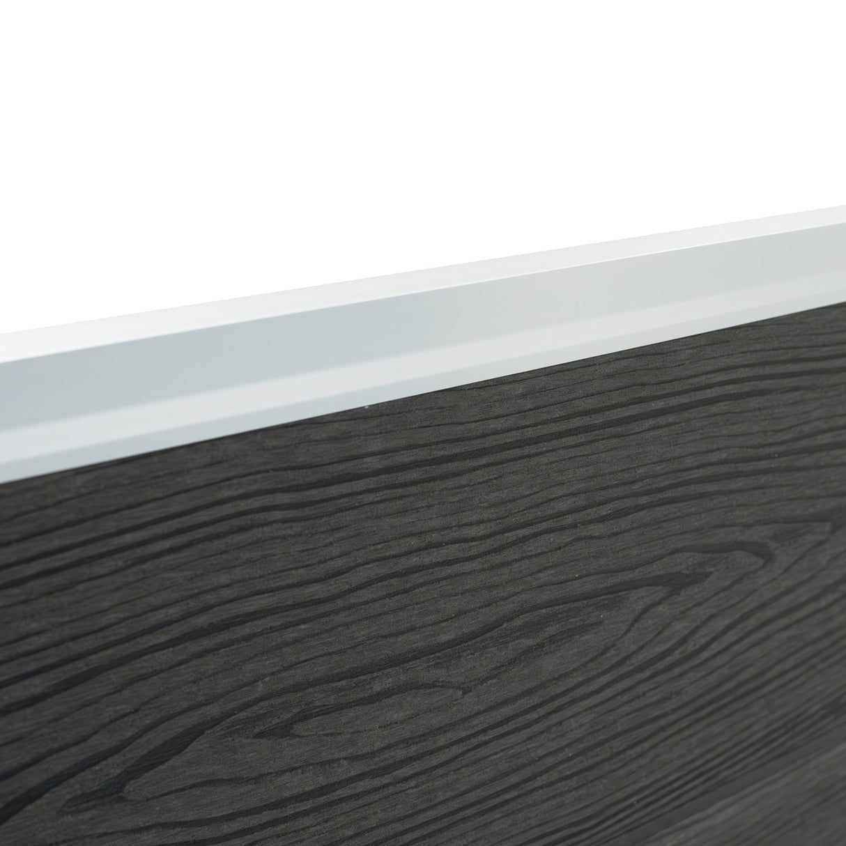 Grey composite fence panel with a textured wood grain finish and sleek white top rail, showcasing durability and modern design