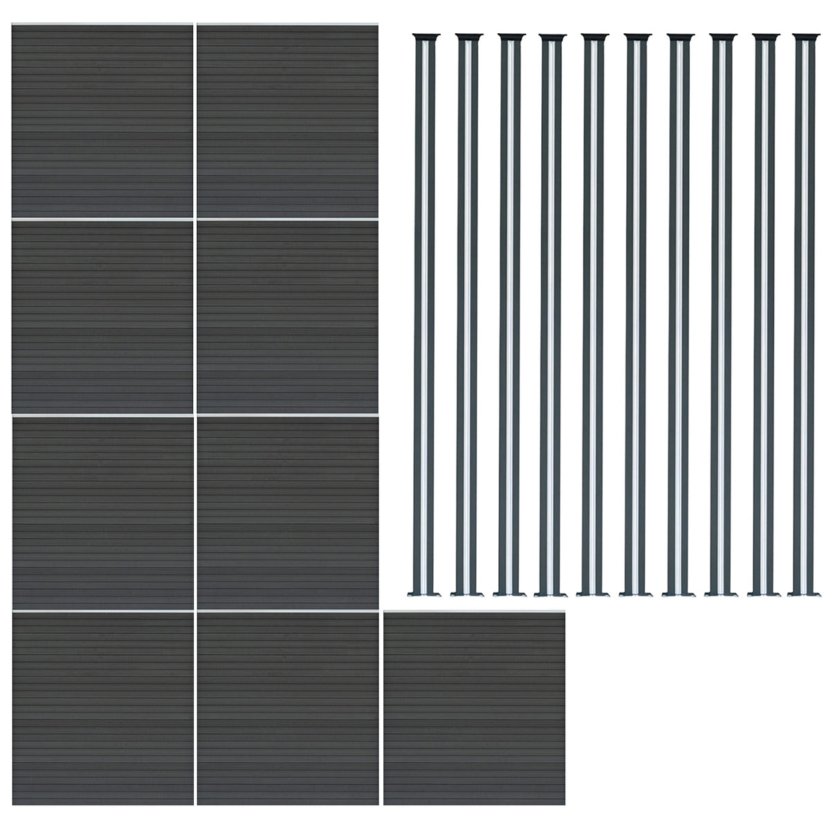 Grey composite fence panels arranged in a grid with ten matching LED posts, showcasing a sleek, modern design and textured finish