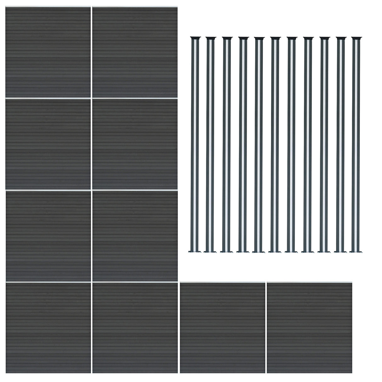 Grey composite fence panels arranged in a grid with eleven sleek LED posts, showcasing a modern, textured design