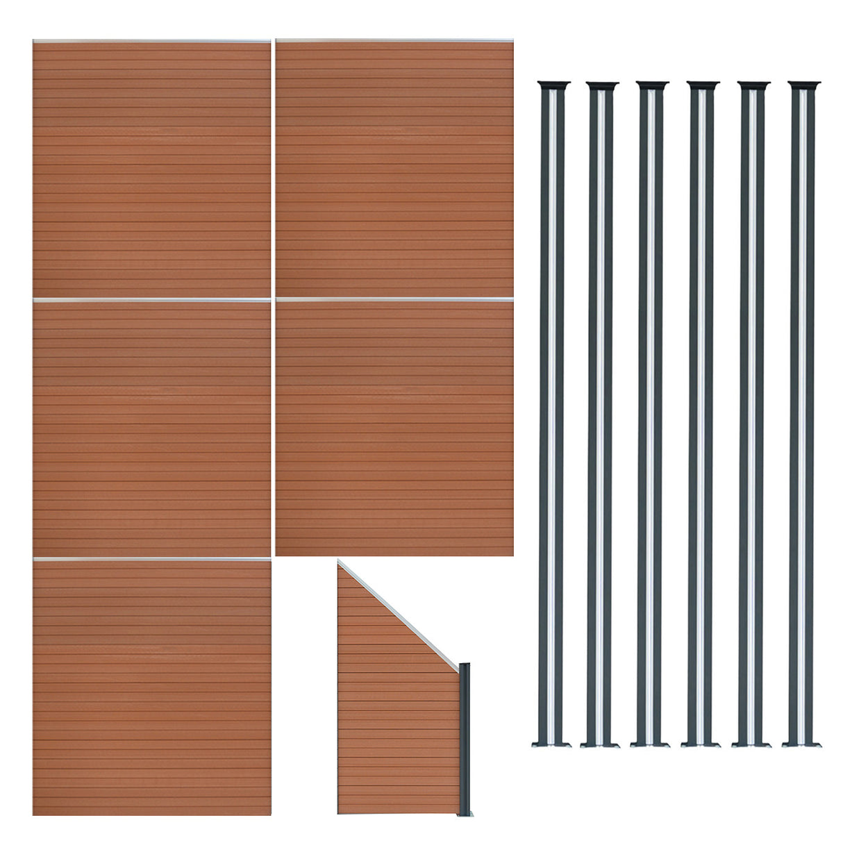 Brown composite fence panels arranged with an angled piece and six sleek LED posts, showcasing a modern, textured design