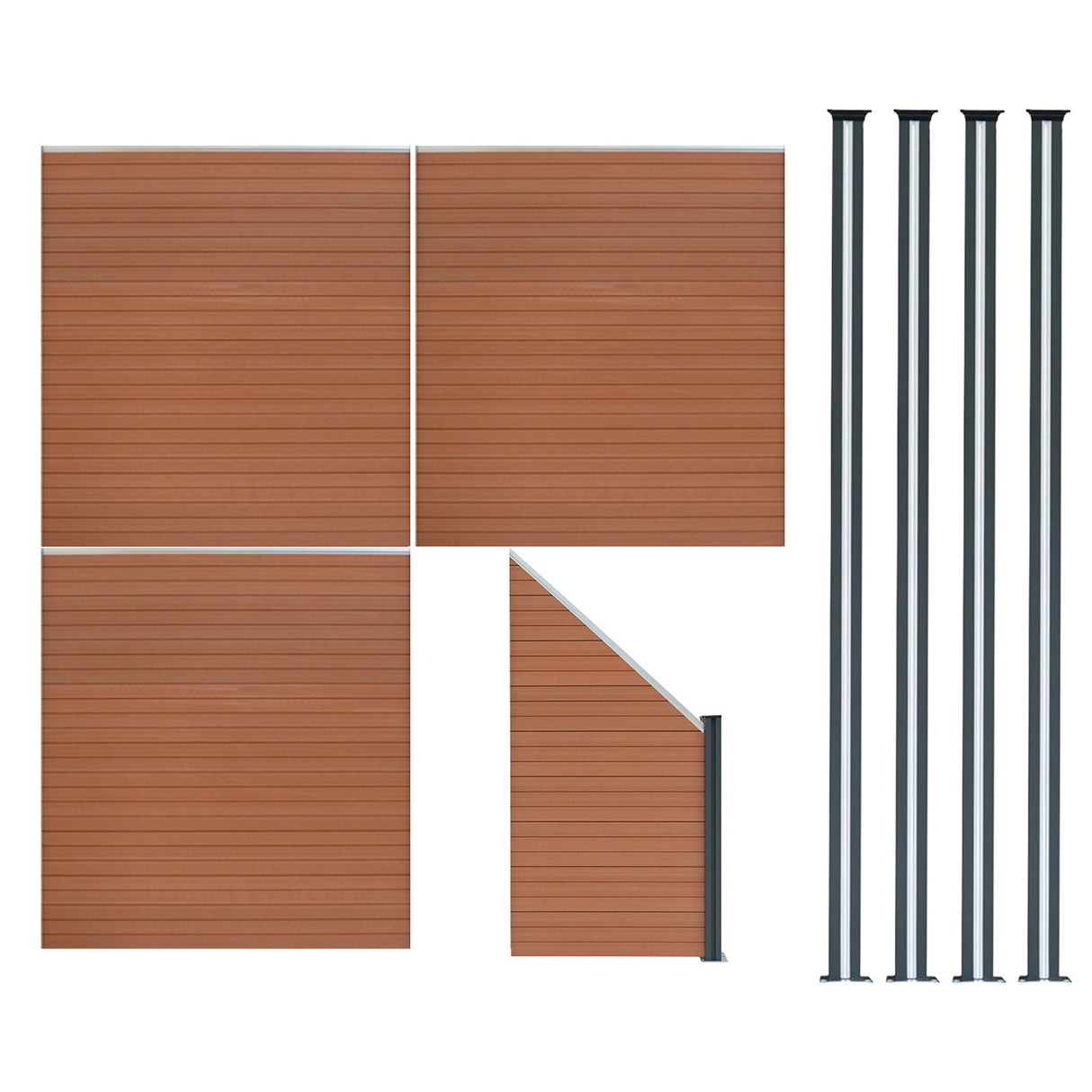 Brown composite fence panels with angled piece and four sleek LED posts, showcasing a modern design and durable texture