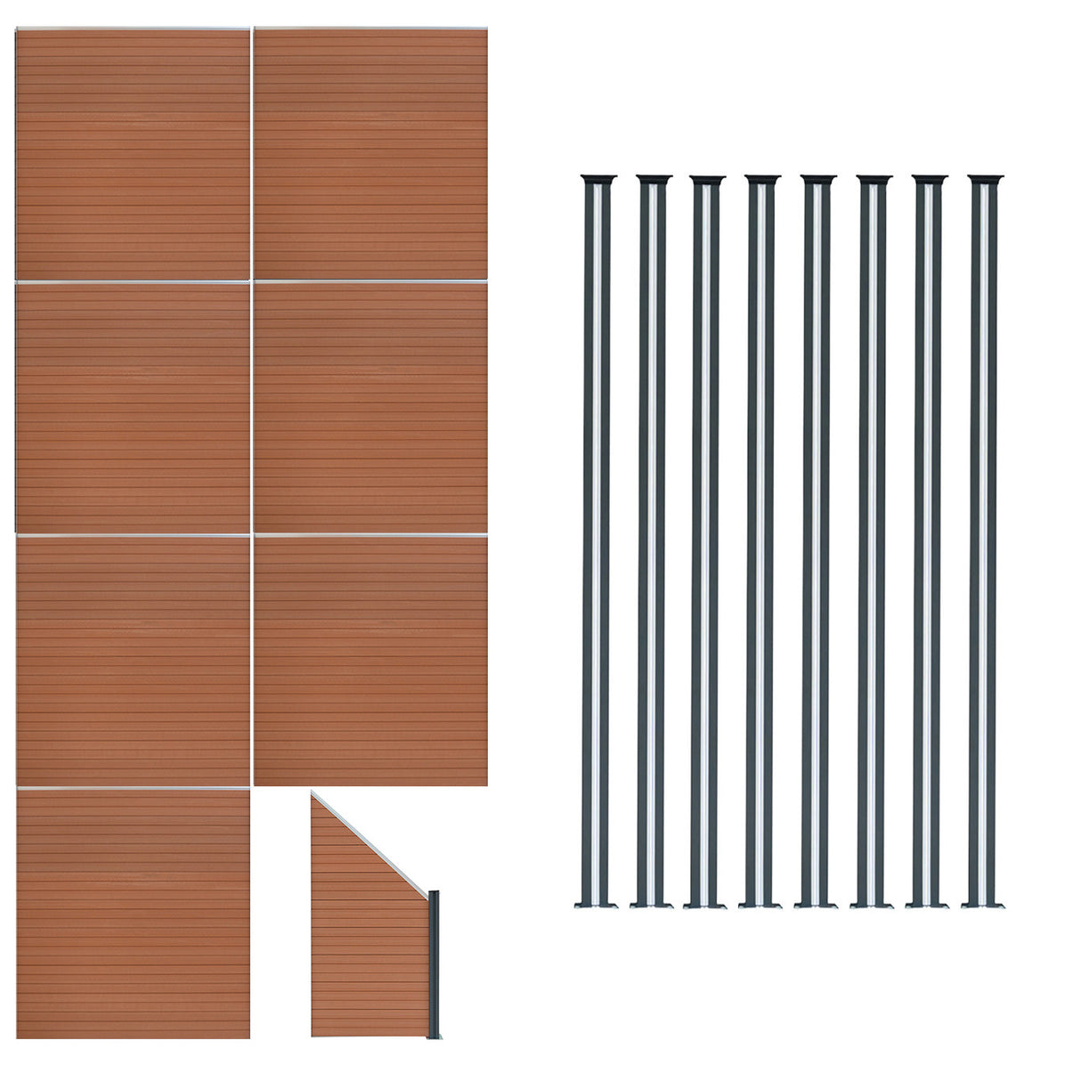 Brown composite fence panels arranged in a grid with an angled piece and eight sleek LED posts in a dark finish