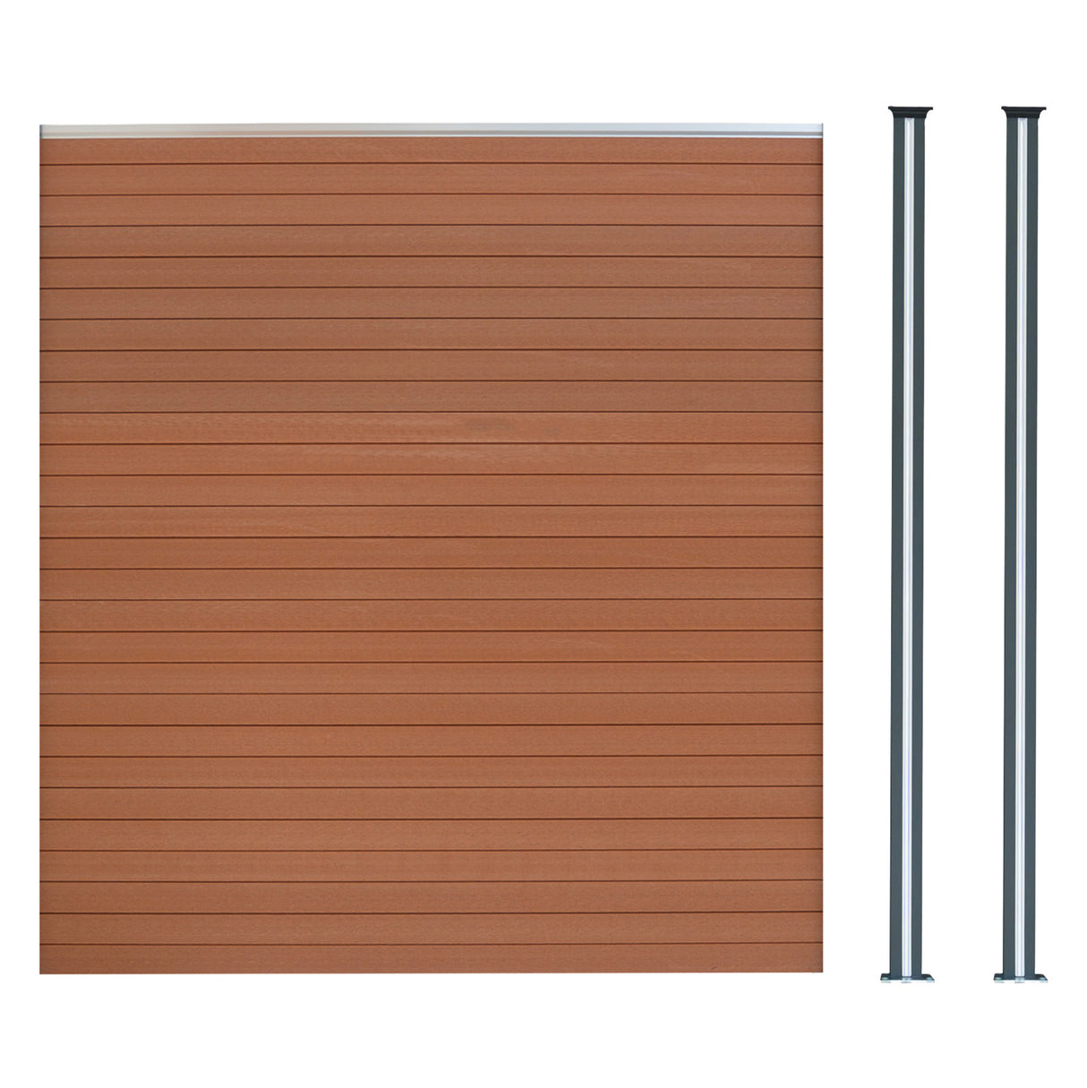 Brown composite fence panel with horizontal slats and two sleek black LED posts, ideal for modern outdoor spaces