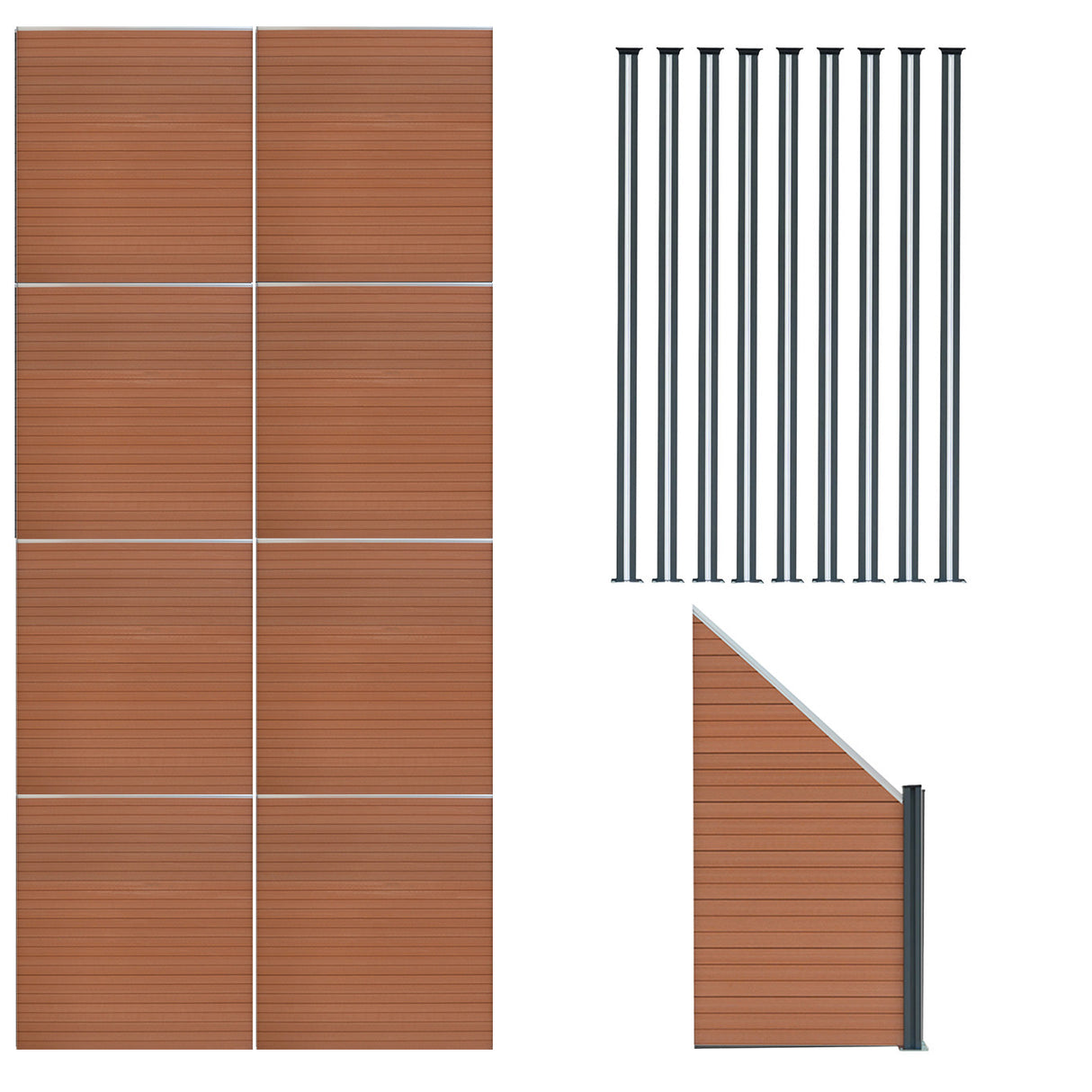 Brown composite fence panels arranged in a grid, with an angled piece and nine sleek LED posts in a vertical line, showcasing modern design