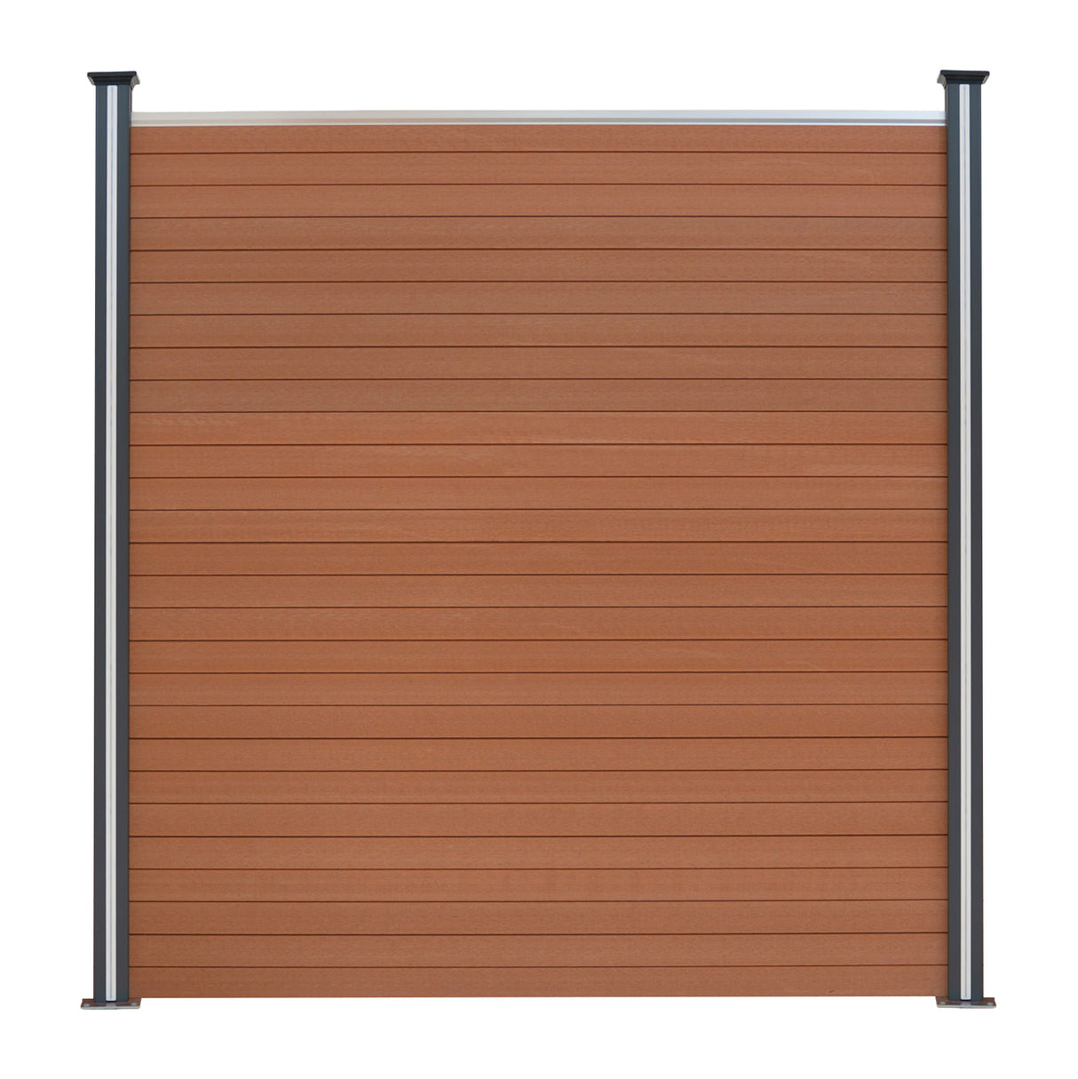 Brown composite fence panel with horizontal slats, framed by sleek black metal posts, showcasing a modern, durable design