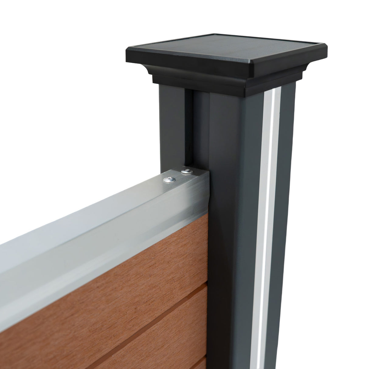 Brown composite fence panel with an angled piece and LED post, featuring a sleek black cap and textured wood-like finish