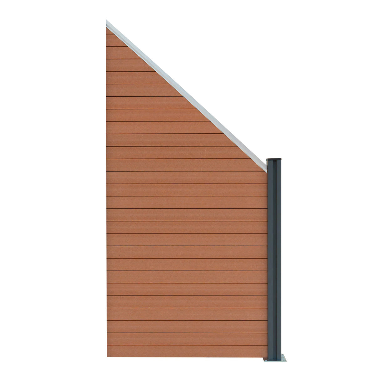 Brown composite fence panel with angled design, featuring smooth texture and sleek LED post, ideal for modern outdoor spaces