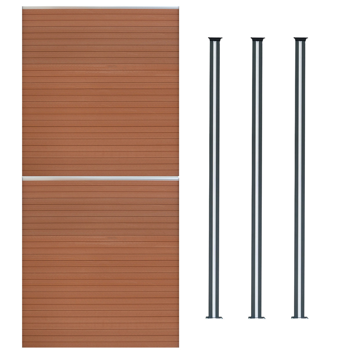 Brown composite fence panels with horizontal slats, accompanied by three sleek black LED posts for modern outdoor fencing solutions