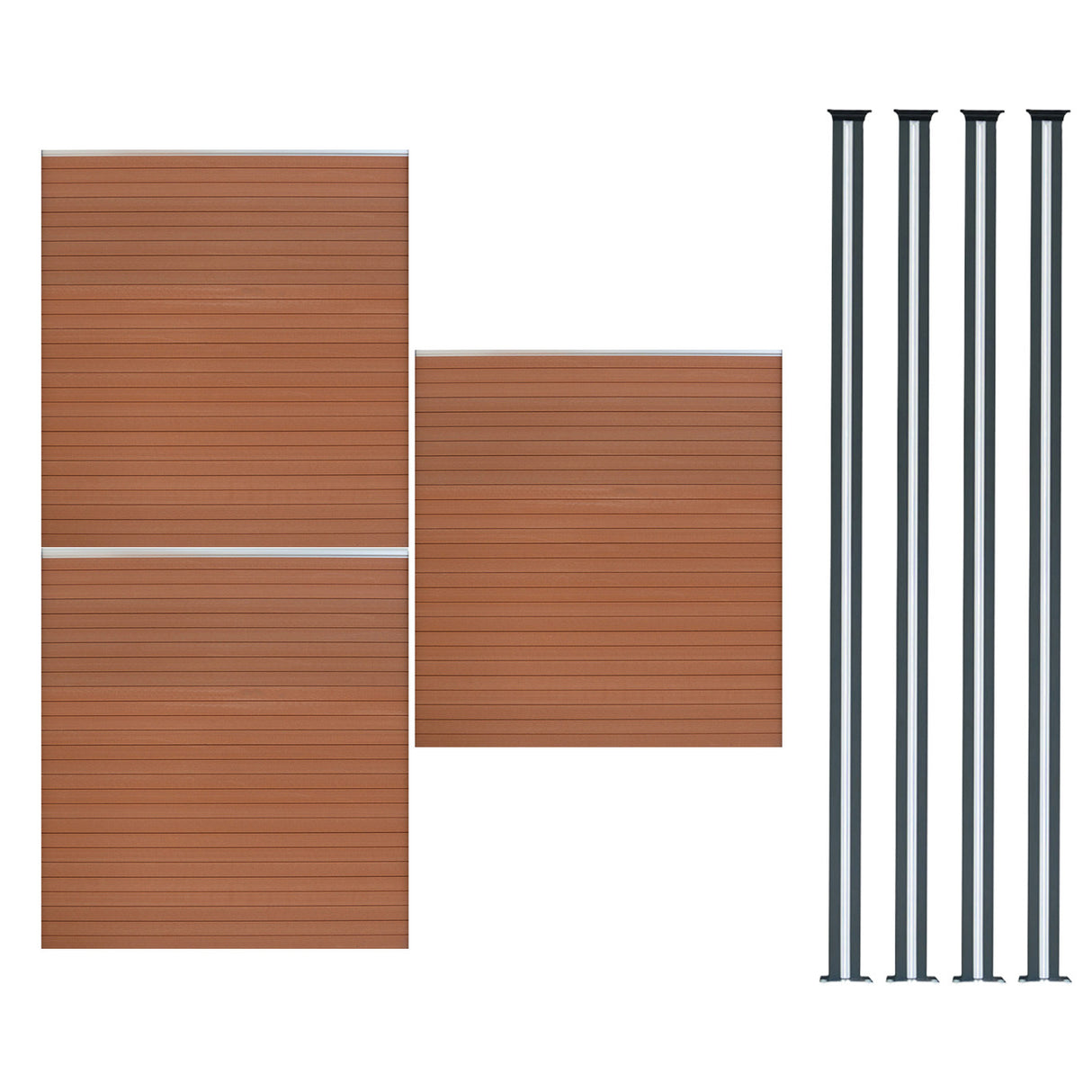 Brown composite fence panels with horizontal slats, accompanied by four sleek black LED posts for modern outdoor fencing solutions