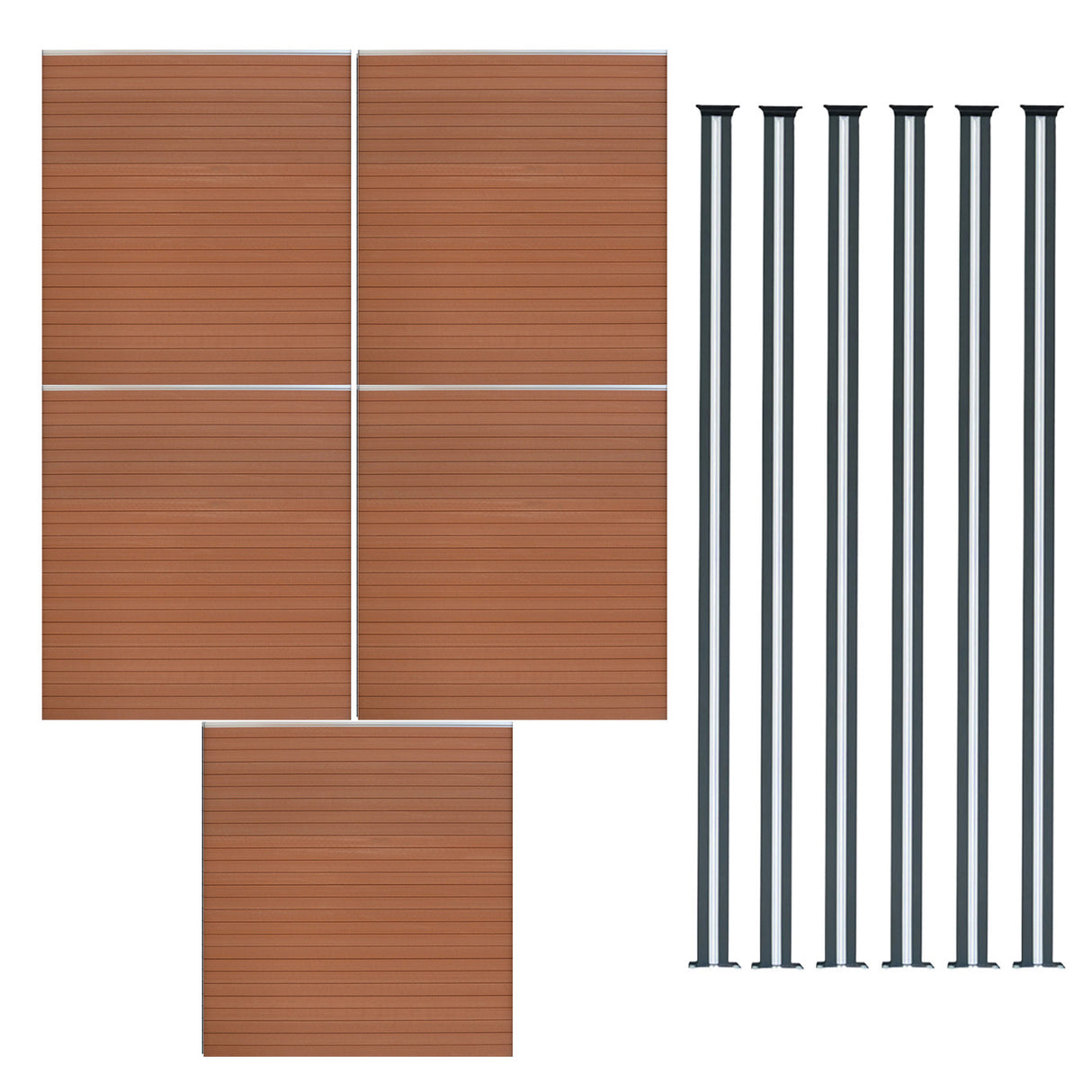 Brown composite fence panels arranged in a grid with six sleek LED posts, showcasing a modern design and durable texture