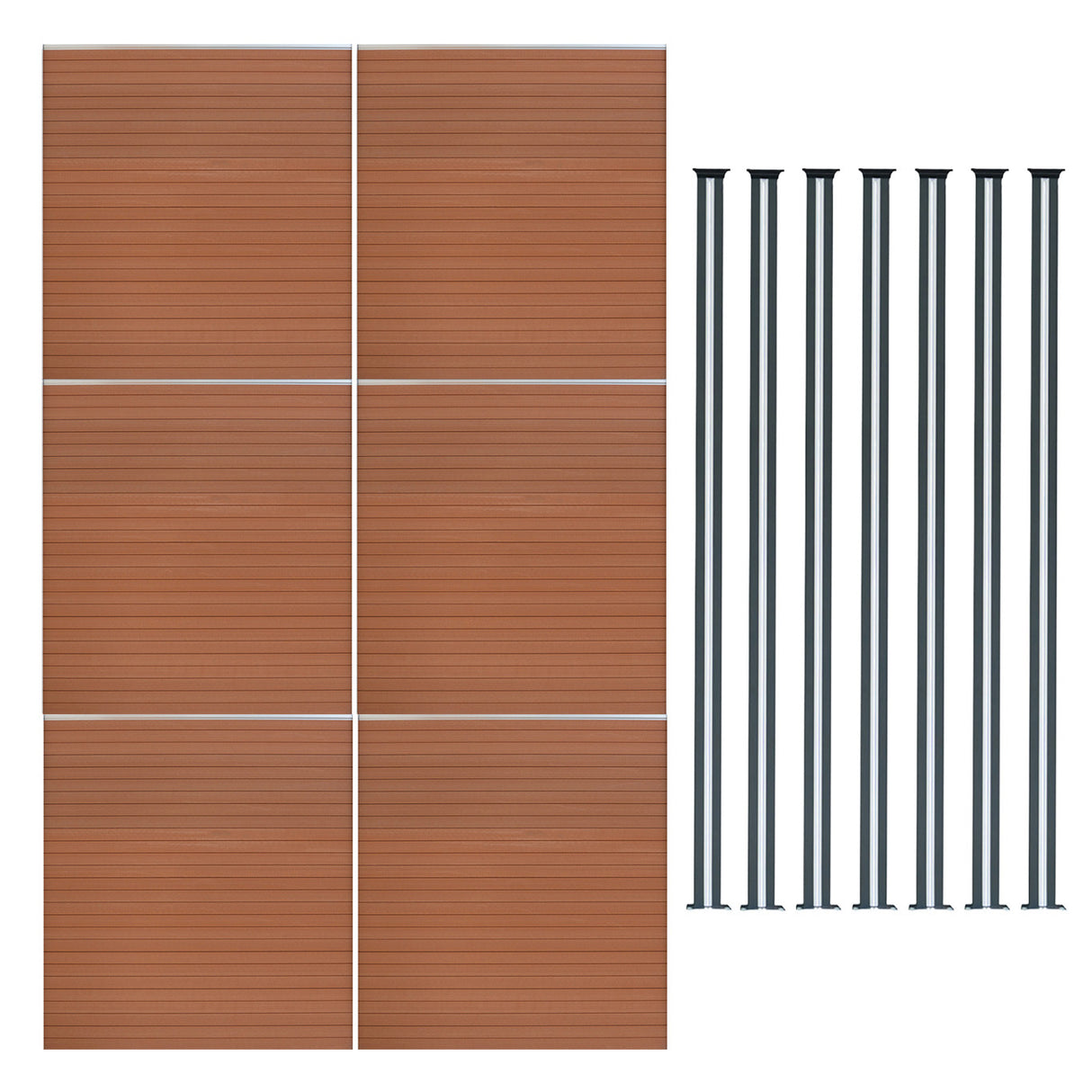 Brown composite fence panels with a textured finish, accompanied by seven sleek LED posts in a dark metallic color
