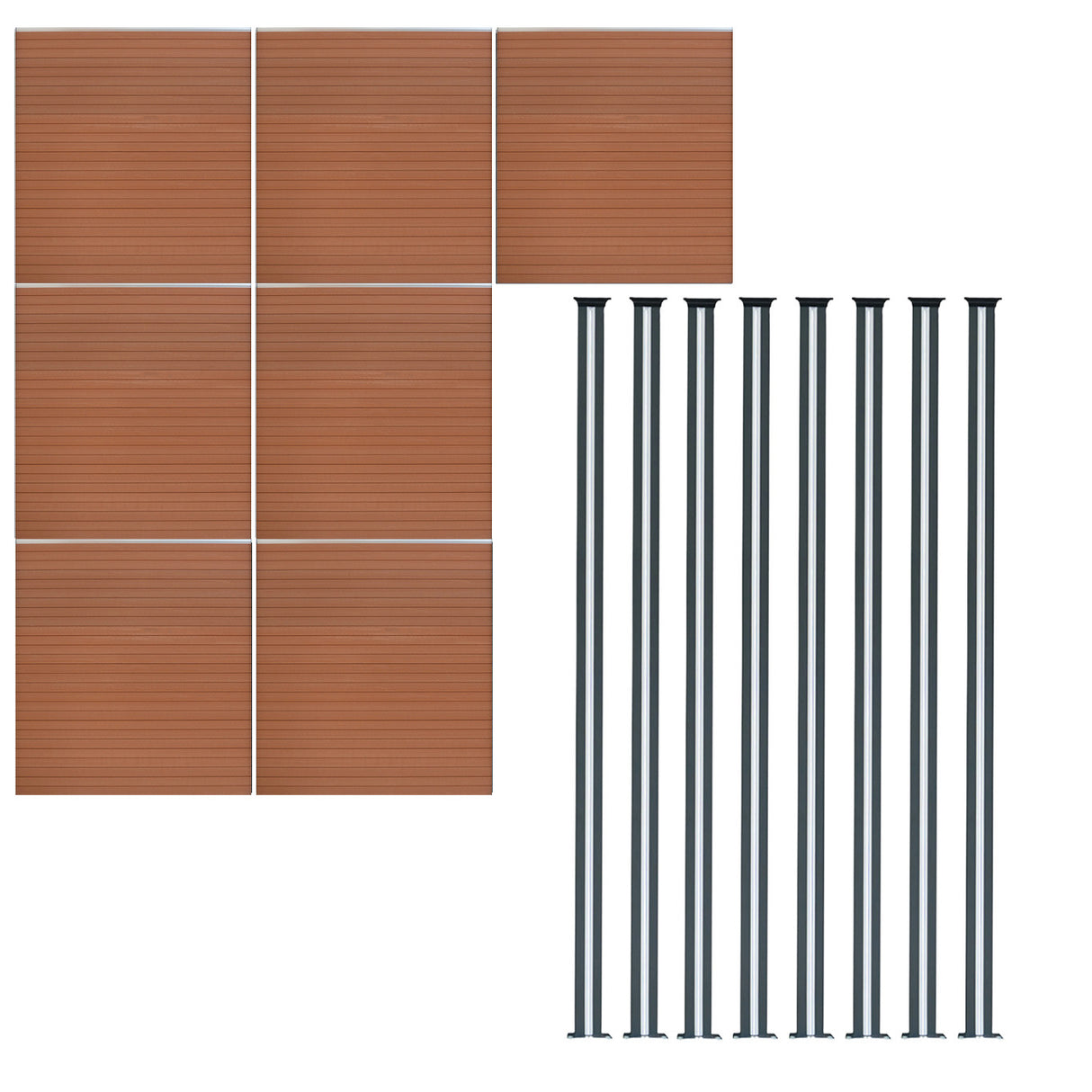 Brown composite fence panels arranged in a grid with eight sleek black LED posts, showcasing a modern outdoor design