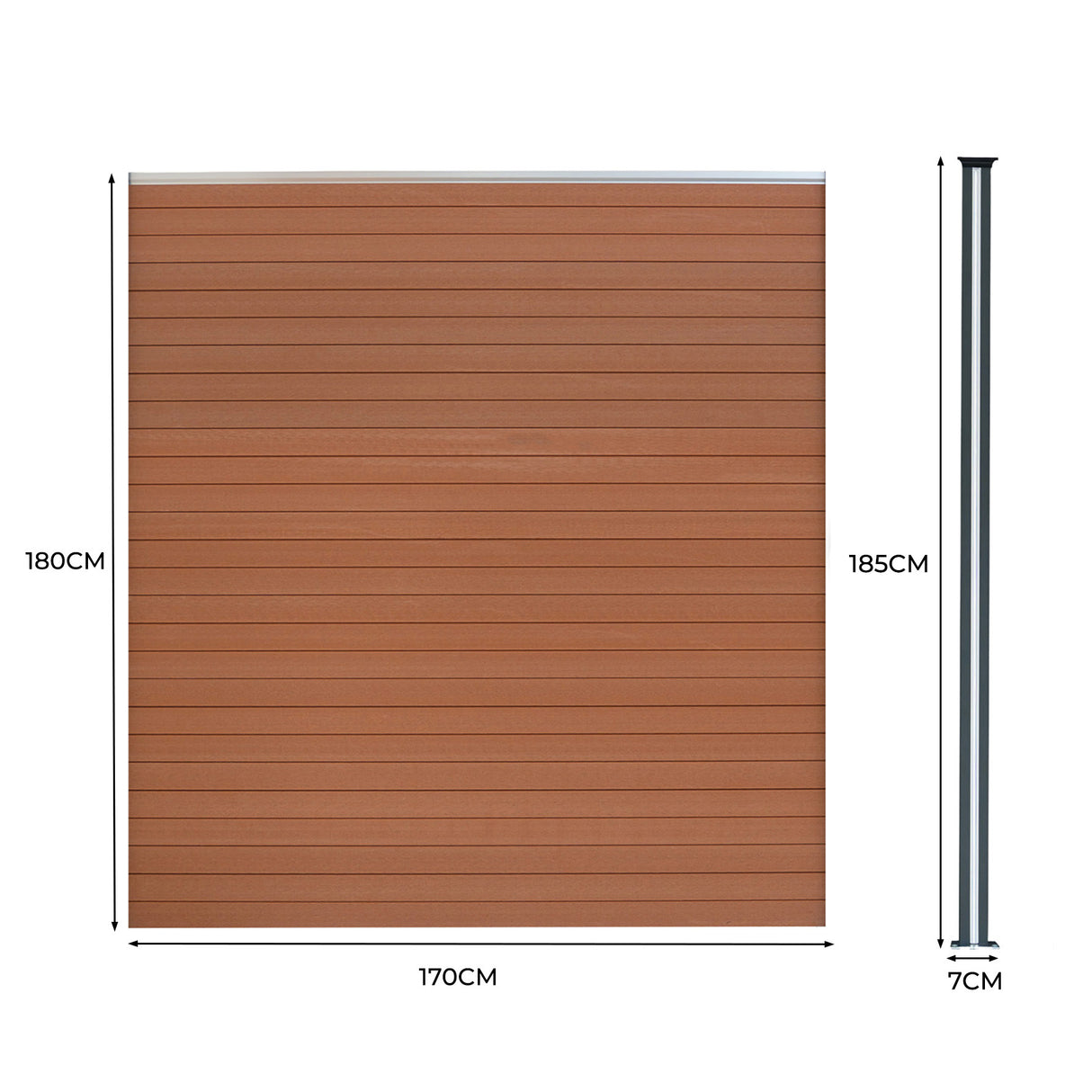 Brown composite fence panel with horizontal slats, dimensions 170cm x 180cm, alongside a sleek LED post, 185cm tall and 7cm wide