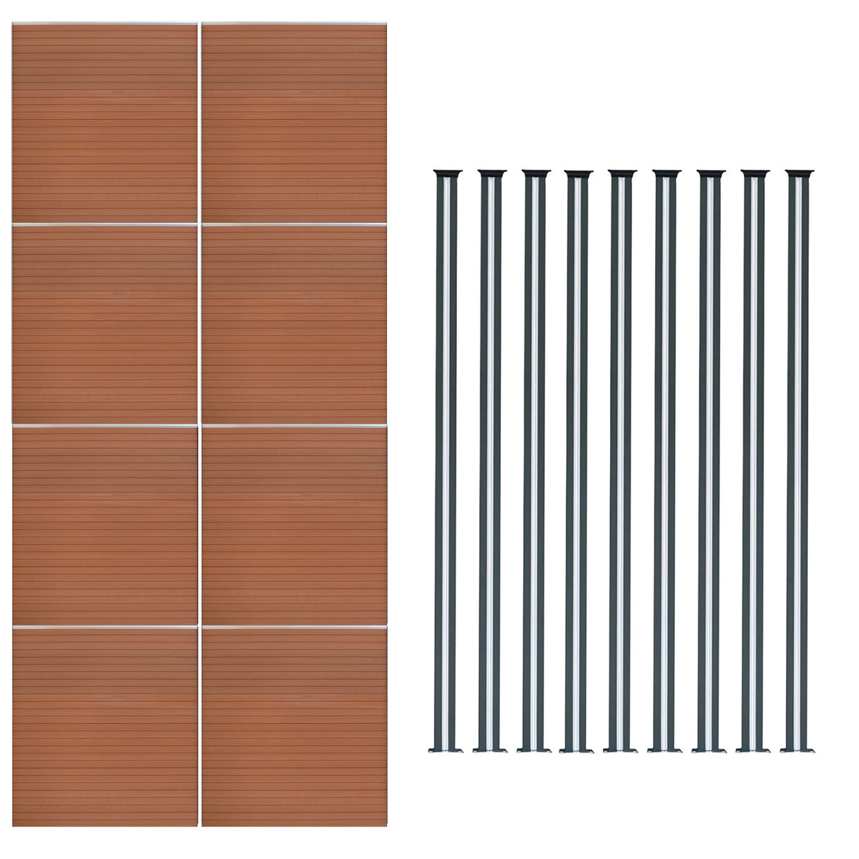 Brown composite fence panels arranged in a grid with nine sleek LED posts beside them, showcasing a modern outdoor design