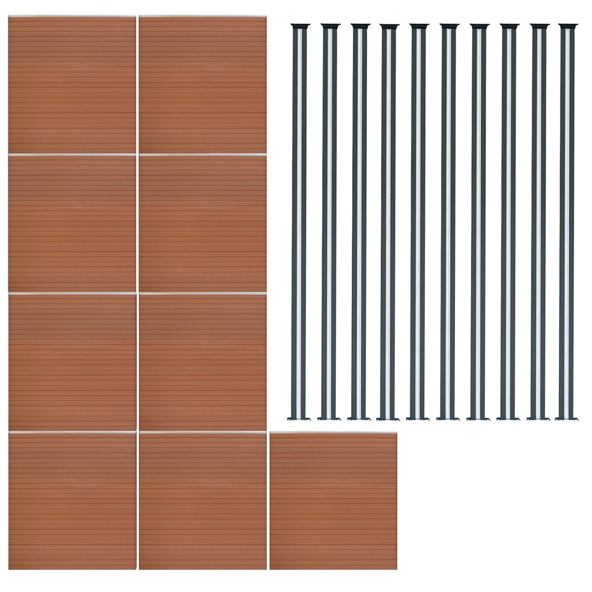 Brown composite fence panels arranged in a grid with ten sleek black LED posts, showcasing a modern outdoor design