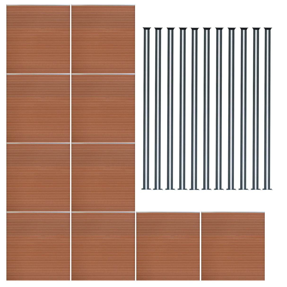 Brown composite fence panels arranged in a grid with sleek black LED posts, showcasing a modern, textured wood-like finish