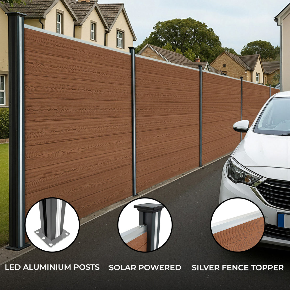 Brown composite fence panels with sleek LED aluminum posts and silver fence topper, enhancing outdoor aesthetics and privacy