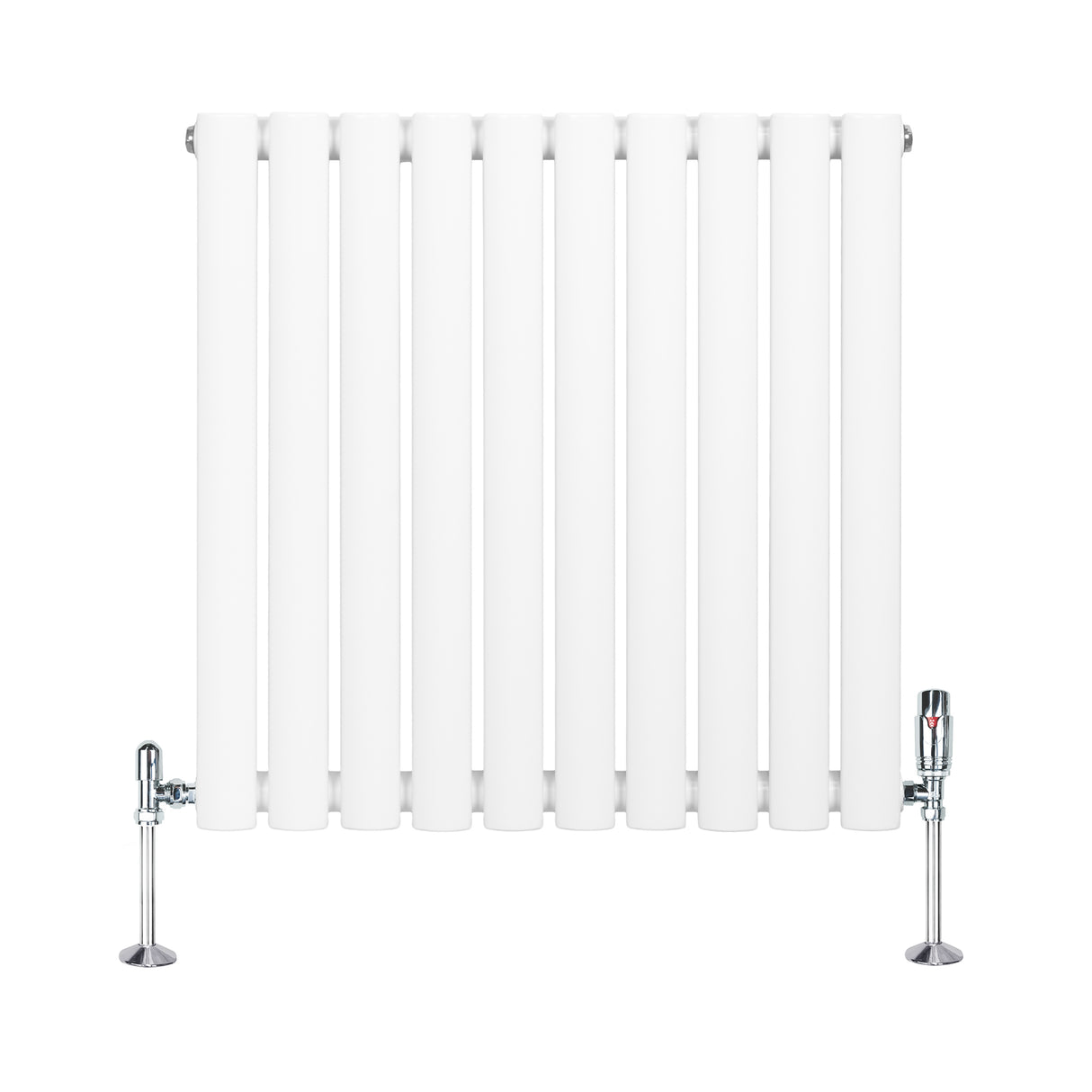 Sleek white oval single column radiator with chrome valves, featuring vertical bars and a modern design, ideal for heating spaces