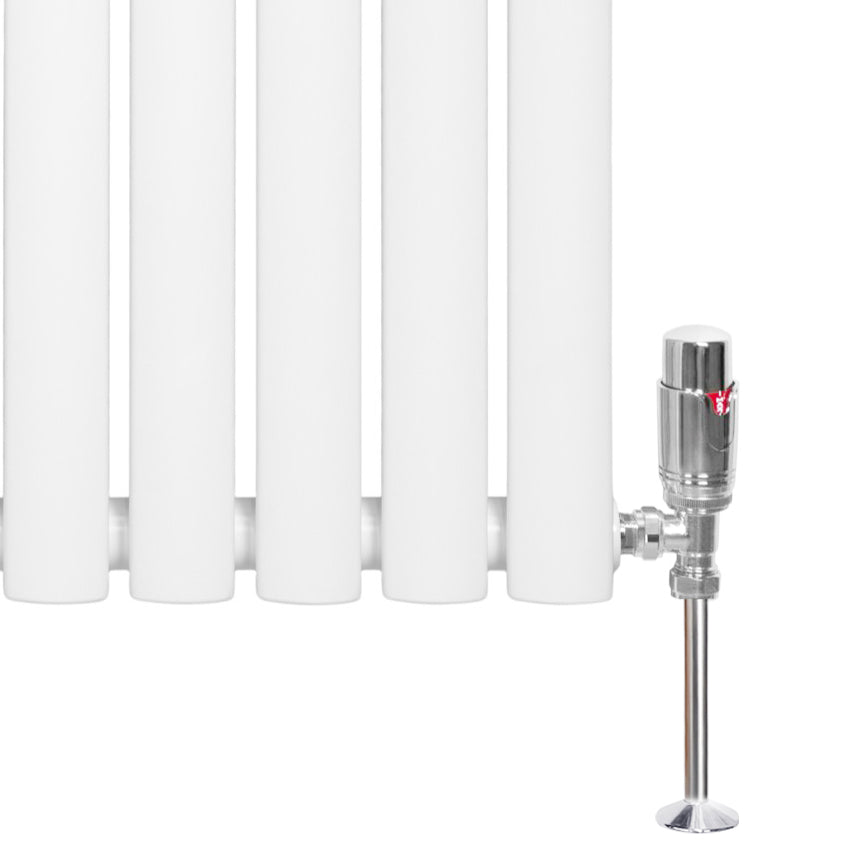 White oval single column radiator with a sleek chrome valve, featuring smooth, rounded edges and a modern design for efficient heating