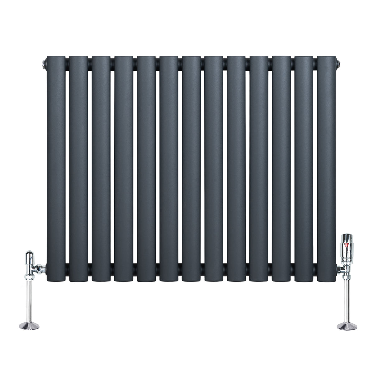 Anthracite grey oval single column radiator with vertical bars and chrome valves, showcasing a sleek, modern design and smooth texture