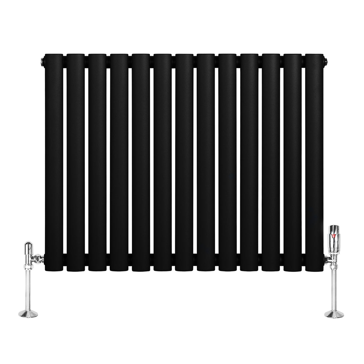 Sleek black oval single column radiator with polished chrome valves, featuring a modern design and smooth matte finish, ideal for stylish heating